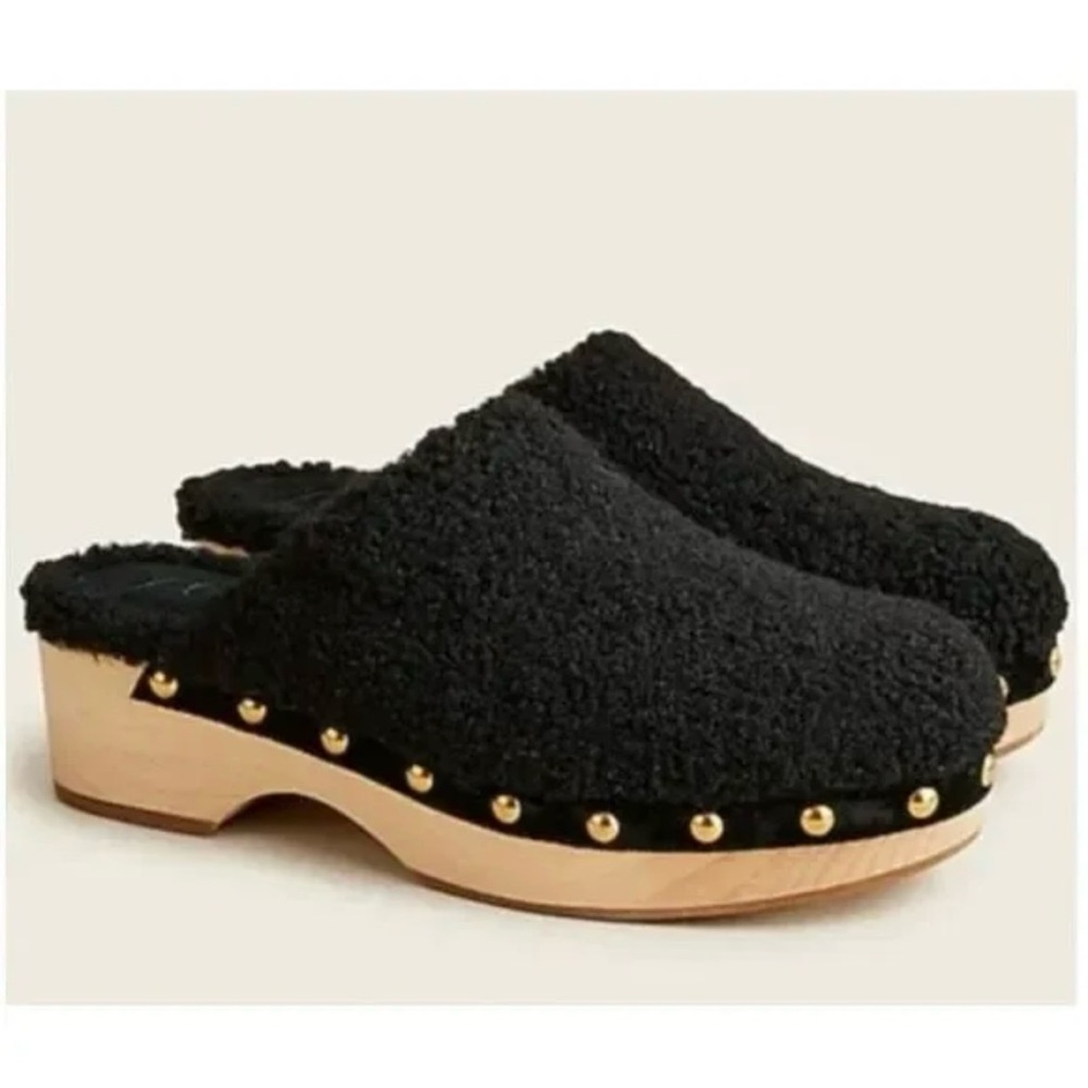 J. Crew Faux Fur Sherpa Black Wooden Clogs Size 8.5. Like new!
